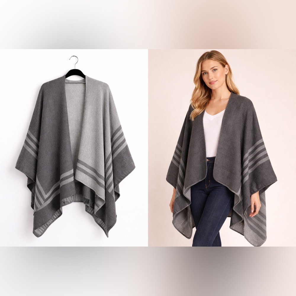 BB Dakota Reversible Stripe Poncho Wrap Cardigan Gray O/S NWOT